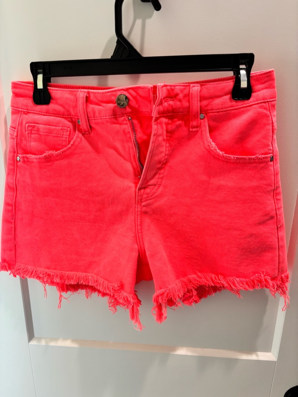 Neon Coral High-Rise Frayed Hem Denim Shorts